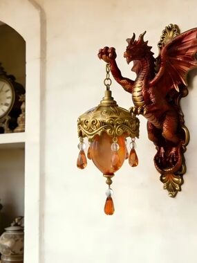 Dragon Wall Sconce with Ornate Gold Lantern